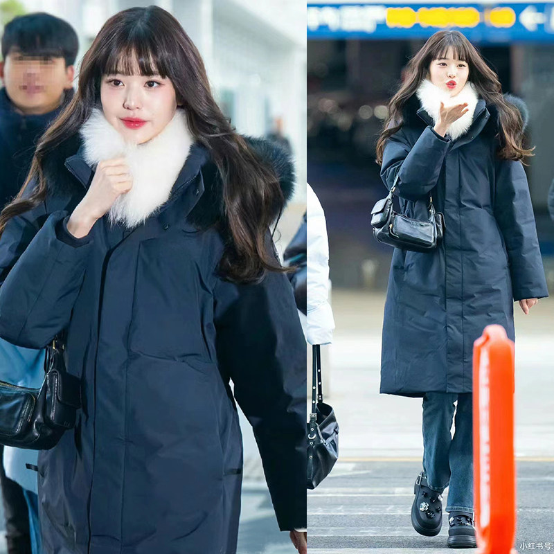 张元英同款黑色毛领鸭绒羽绒服保暖显瘦过膝加厚韩版中长款外套女