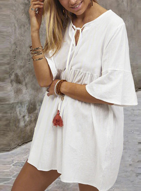 欧洲站简约夏季V领系带宽松黄色喇叭短袖时尚百搭连衣裙短裙DRESS