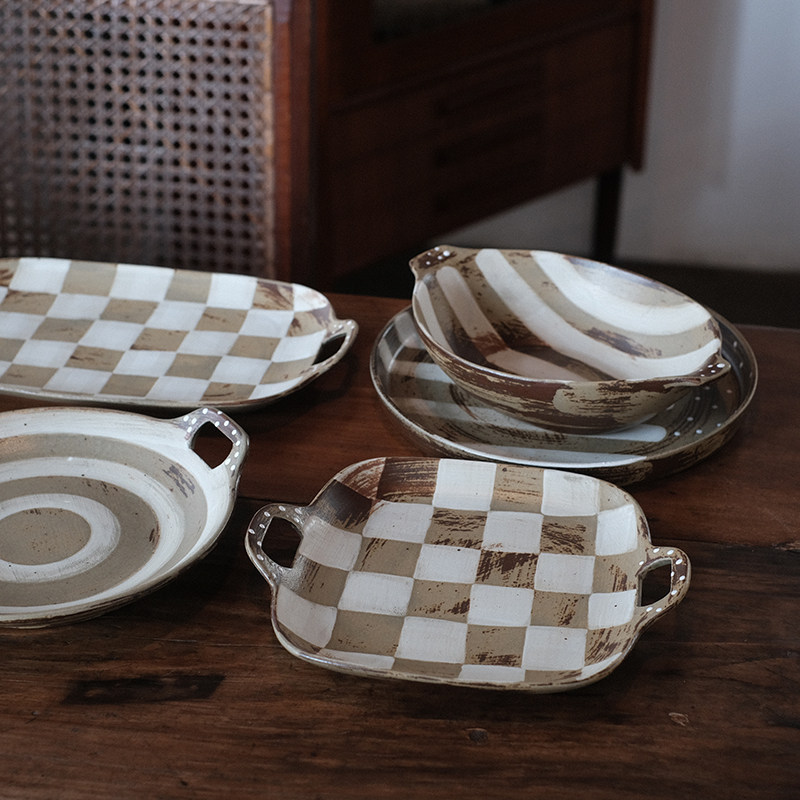 他山集.景德镇复古粗陶几何设计感餐具 陶瓷沙拉盘 意面盘 做旧风