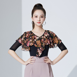 舞服新款网纱印花成人女上衣交际国标舞衣拉丁舞练功服舞蹈服