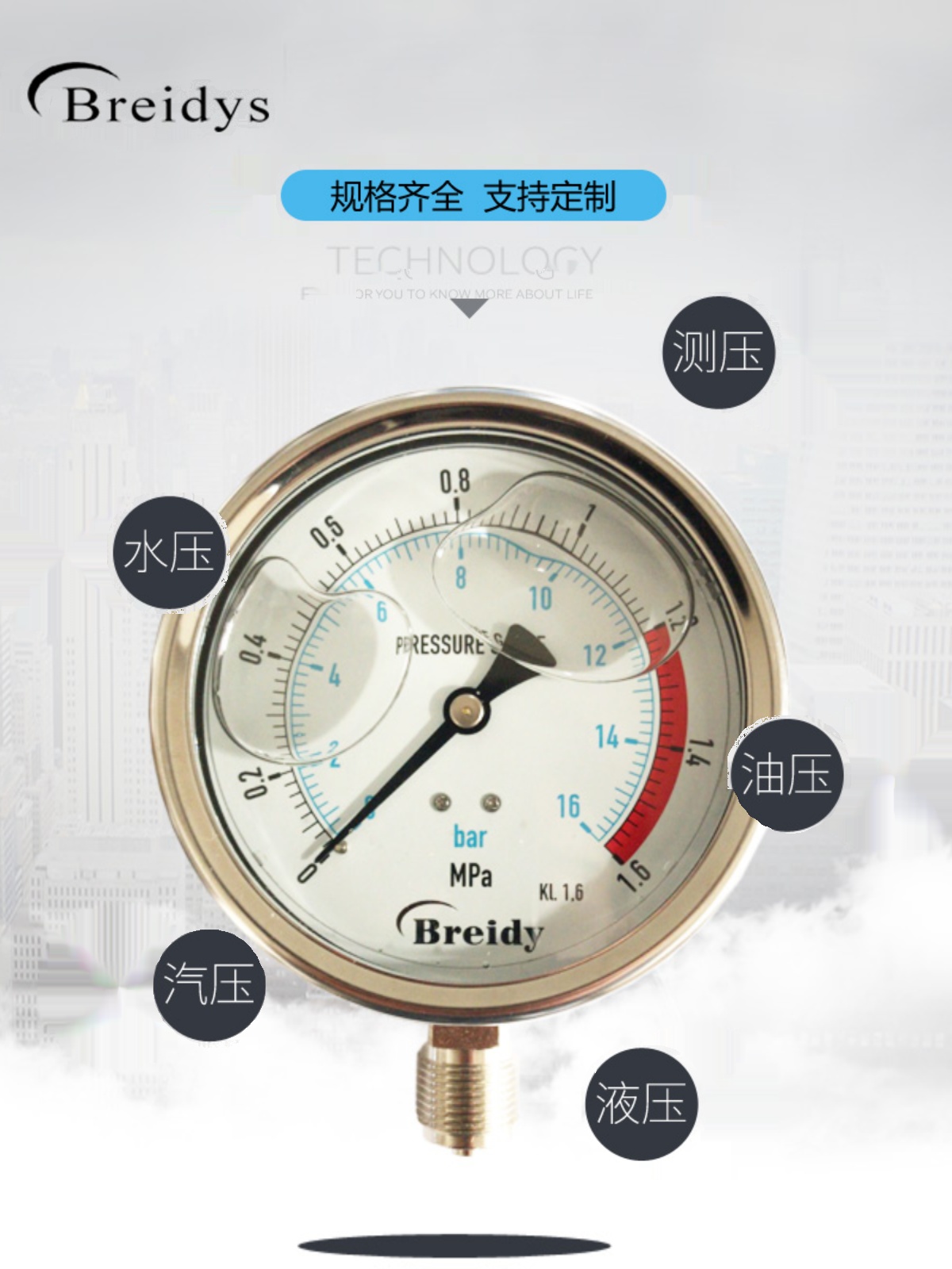 压力表YN100不锈钢耐震压力表测水压气压通用0-1.6/100Mpa多量程*