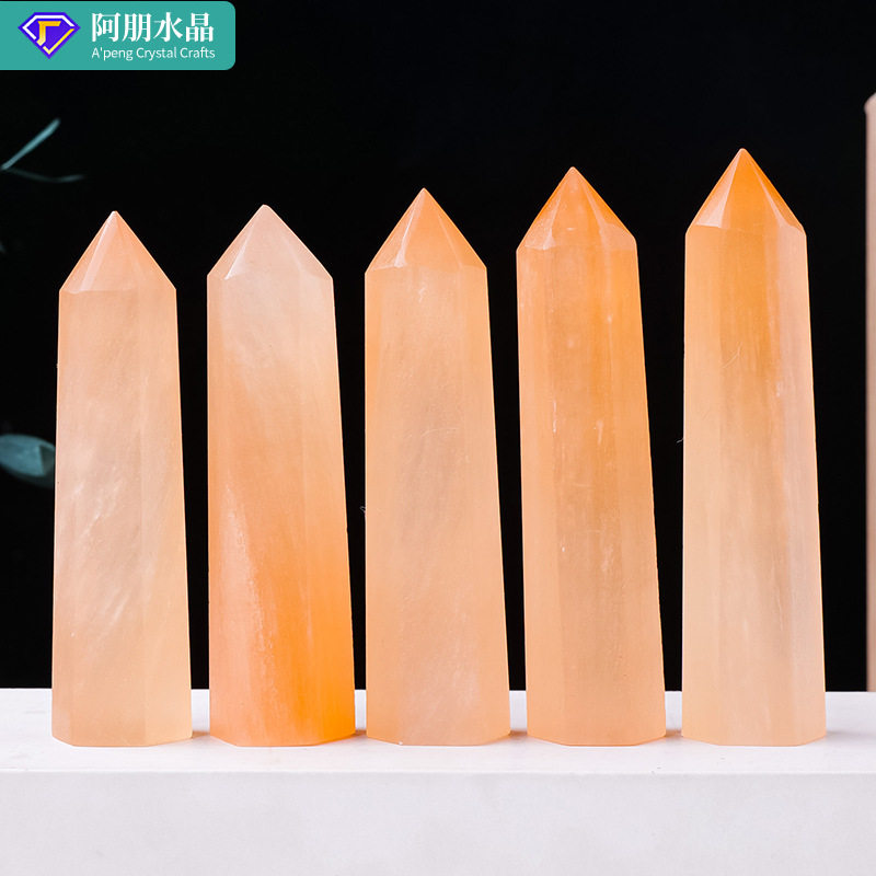 摩洛哥橙色石膏石六棱柱摆件 石膏原石单尖柱家居装饰水晶柱