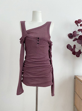 2024秋季针织连衣裙紫色小众假两件修身纯欲风包臀短裙女