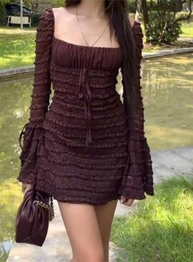 sexy low-cut backless dress性感方领低胸喇叭袖修身包臀裙女