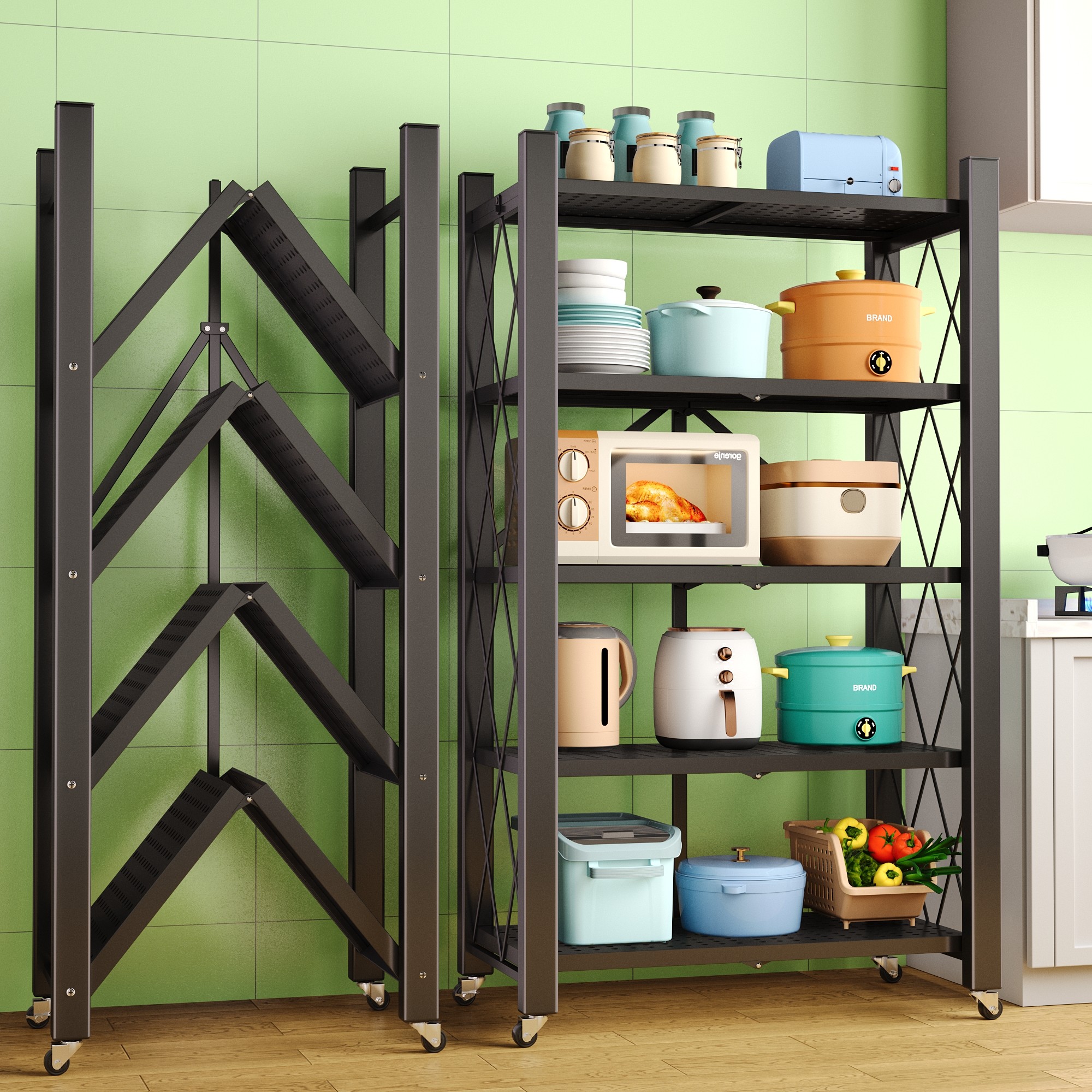 厨房折叠置物架落地多层货架免安装微波炉收纳储物柜架子锅不锈钢