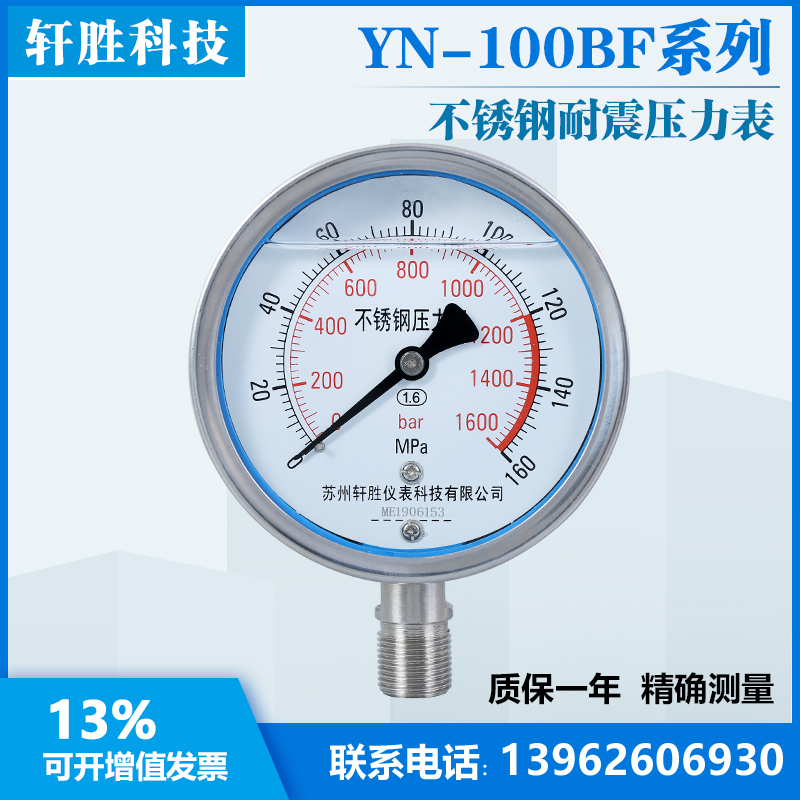YN100BF 160MPa/1600bar 不锈钢抗震液压压力表 耐震不锈钢压力表