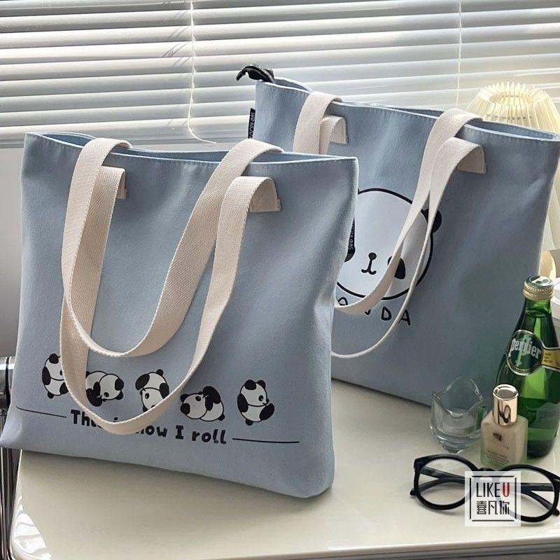 原创设计拉链款熊猫差价通勤手提单肩包学生书休闲电脑文艺帆布包