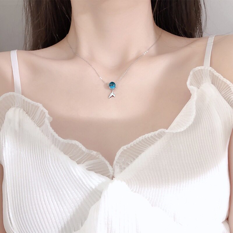 新品s925银蓝珠鱼尾项链小众设计锁骨链女潮大鱼海棠椿同款ins