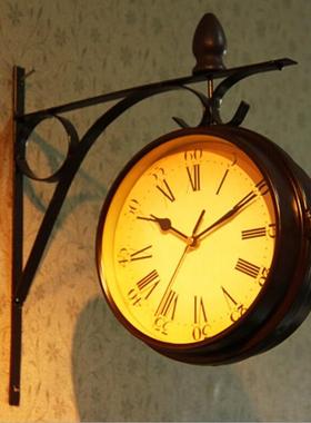 欧式美式复古怀旧双面挂钟老式钟表酒吧餐厅创意装饰品摆件墙饰