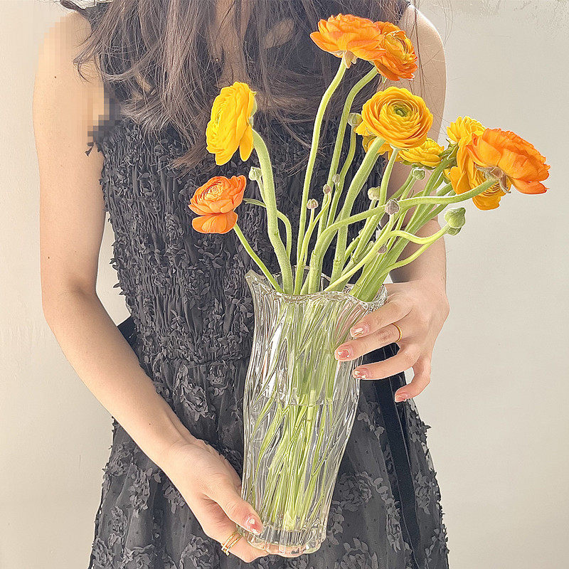 ins风透明波浪玻璃花瓶鲜花水培仿真花插花客厅法式桌面装软摆件