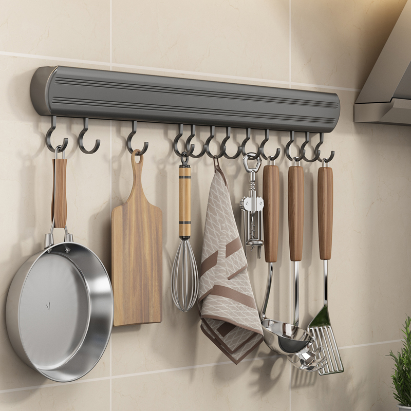 枪灰色免打孔厨房挂钩架挂杆壁挂多功能厨具挂架勺子铲子一排墙上