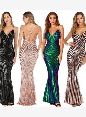 Dinner Gown Sequin Dress Long Dresses吊带亮片连衣裙舞会长裙
