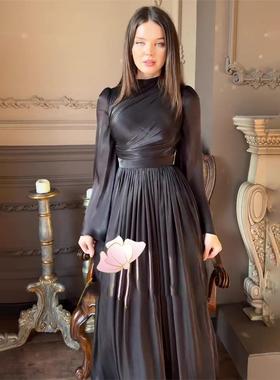 White flared sleeve dress 法式白色半高领喇叭长袖收腰连衣裙女