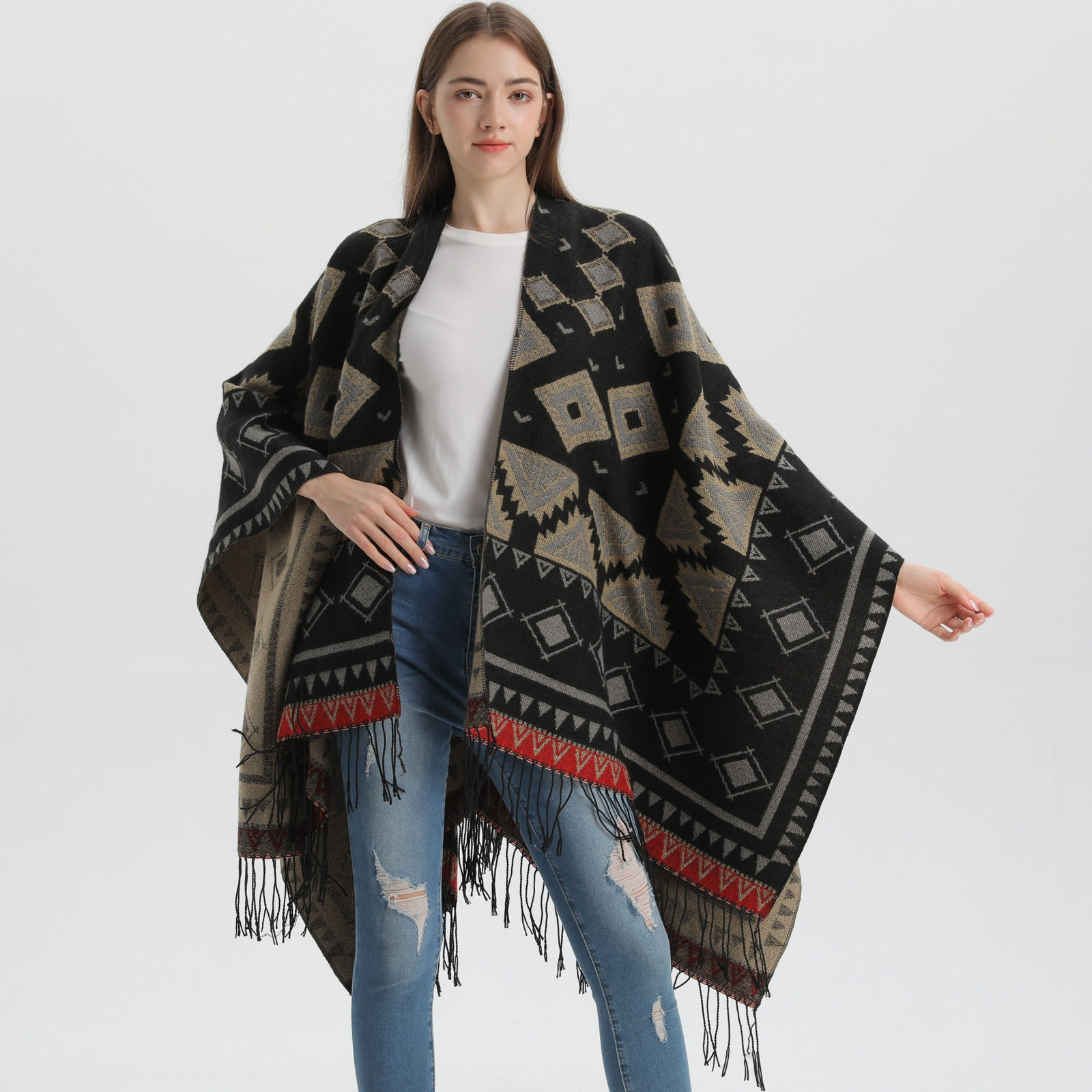 Geometric Split Shawl Ethnic Warmth Thickened Warmth Cape O
