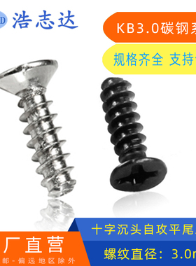 M3平头十字槽沉头自攻平尾螺丝钉KB3*4-5-6-7-8-10---16镀镍/黑色