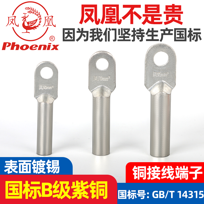 凤凰DT10/16/35/50/70/95铜接线端子国标B级紫铜镀锡鼻子接头线耳