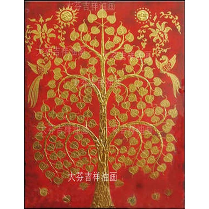 吉祥泰式金色菩提树玄关手绘酒店装饰画会所挂画东南亚红底风格图片