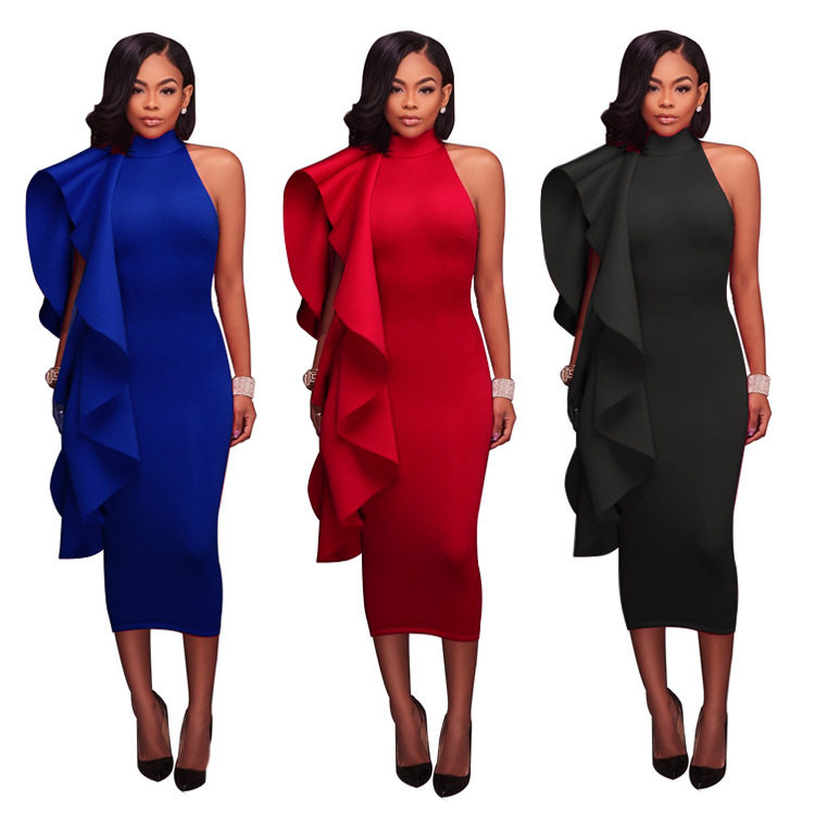 2021 Summer Women's Solid Color Ruffle Ladies Dress