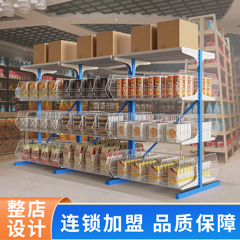 超市货架便利店零食展示架加厚双面置物架多层商用落地篮网架
