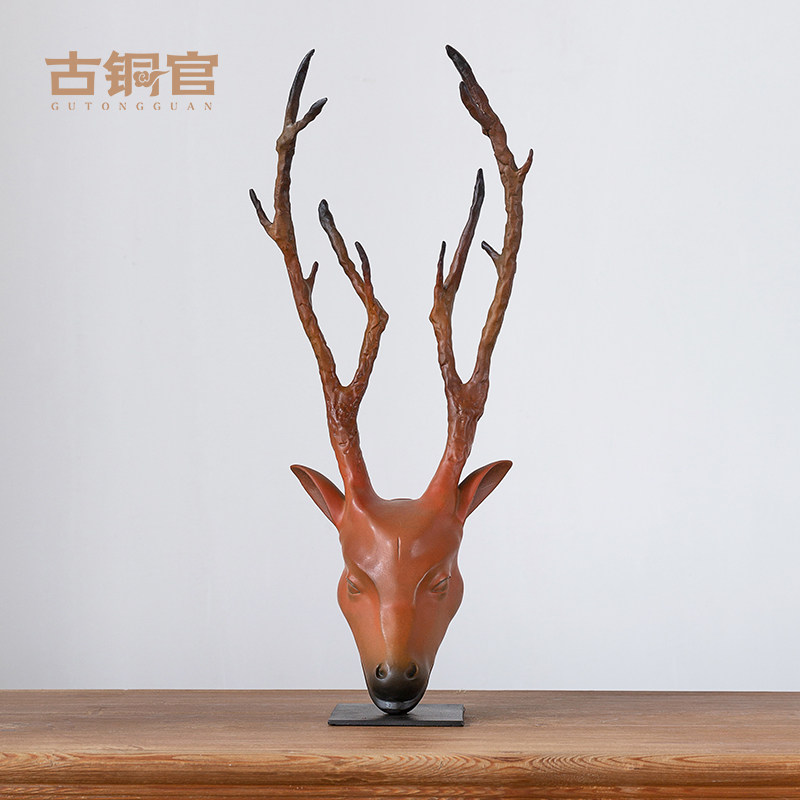 古铜官鹿头摆件中式首轻