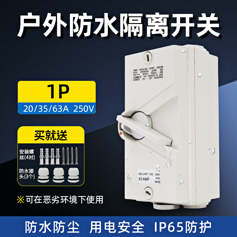 户外防水隔离开关室外防雨开关单项AC220V20/35/63A负荷开关闸刀