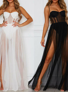 Western clothing white mesh long skirt休闲西服装白色网纱长裙