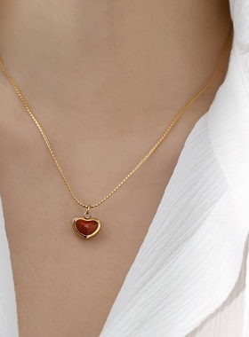 不掉色~珐琅红色爱心项链女锁骨链颈链新年小众轻奢高级礼物配饰