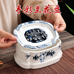 纯手工名家彩绘陶瓷储水式小茶盘工夫茶船壶承干泡台青花瓷兰花盘