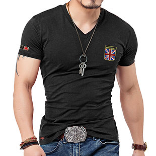夏季米字国旗加肥大码男装短袖T恤v领t恤个性花式刺绣半袖潮衣服