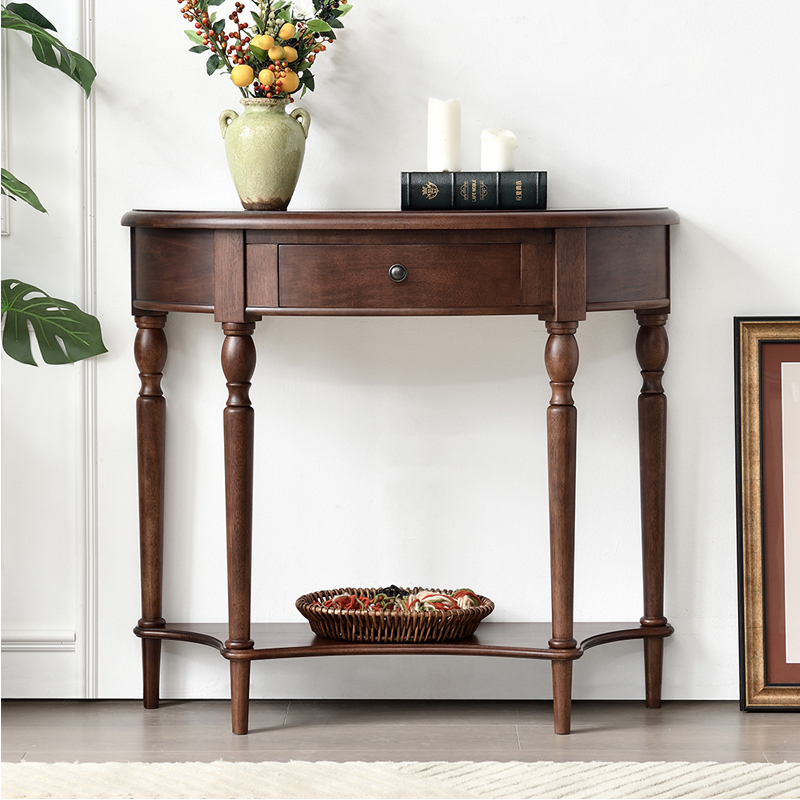 美式实木玄关桌进门玄关台置物架入户储物柜放钥匙半圆靠墙过道柜