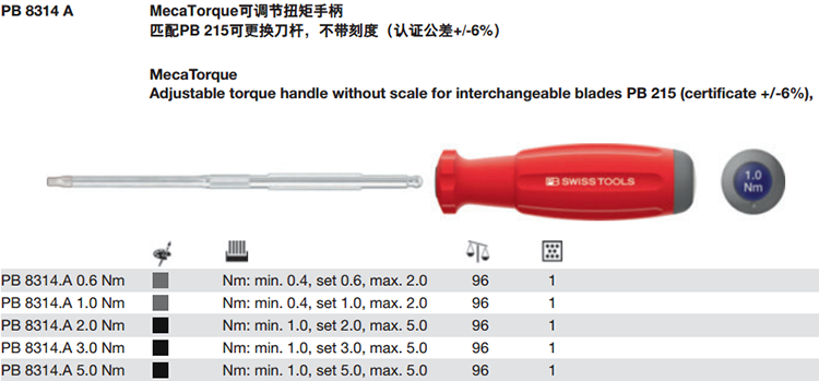 瑞士PB Swiss Tools PB 8314.A 2.0 Nm预设扭矩螺丝刀