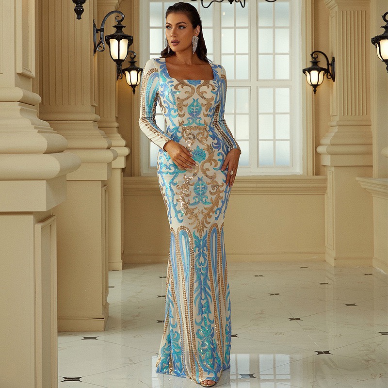 Party Gowns 欧美高腰长袖紧身长裙亮片修身小拖尾婚礼生日晚礼服
