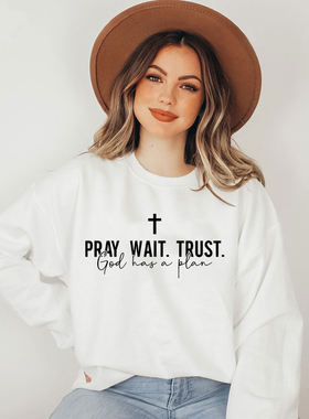 Pary Wait Trust Women Sweatshirts宽松字母印花卫衣纯棉时尚女