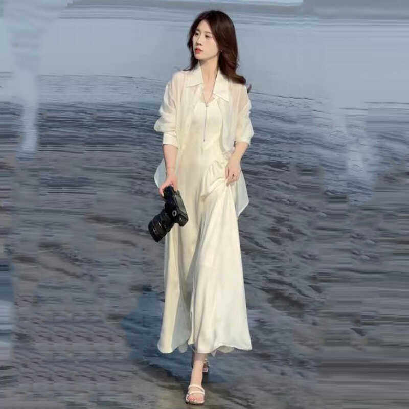 香港代购法式连衣裙女夏季新款显瘦防晒衬衫高级感吊带裙两件套潮