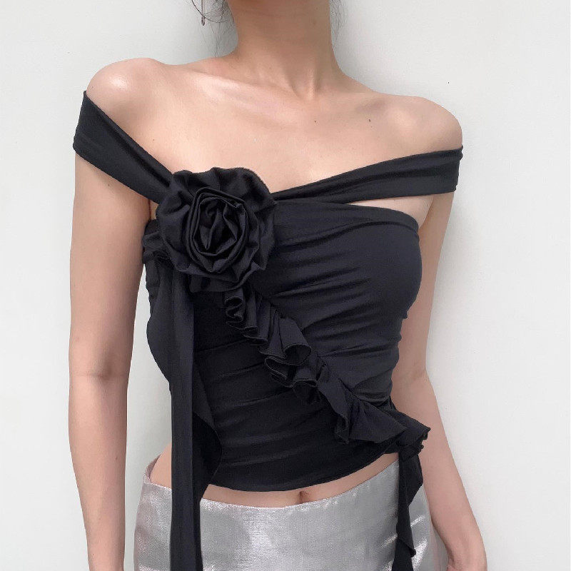 sexy strapless slim top辣妹风设计感花朵修身百搭抹胸背心