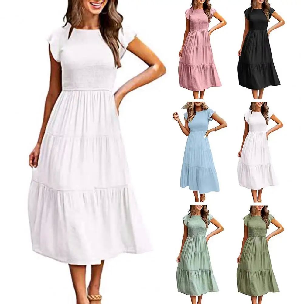 Solid color short sleeved layered long skirt纯色短袖分层长裙