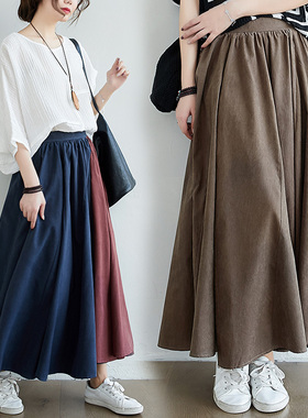 乐天女装跨境日系外贸wish2022新款简约棉麻拼色长款大摆半身裙