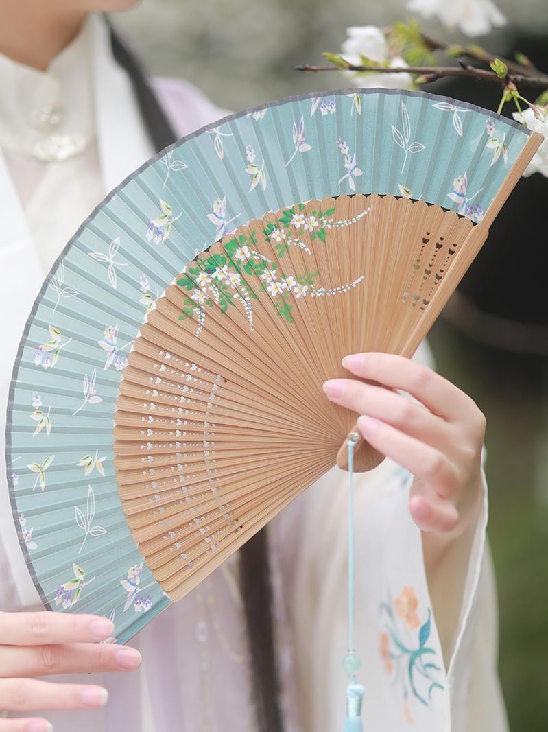 古典中国风女式随身折扇蹦迪舞蹈扇子汉服易开合旗袍儿童拍摄道具