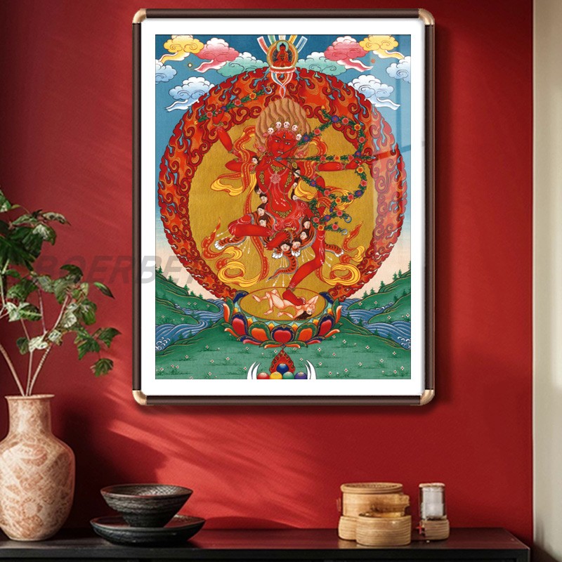 作明佛母唐卡挂画藏族热贡手绘复刻装饰画客厅求姻缘护法佛像带框