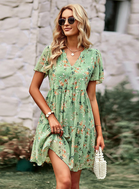 Floral Dress Women Spring Autumn V Neck Short Sleeve Loose