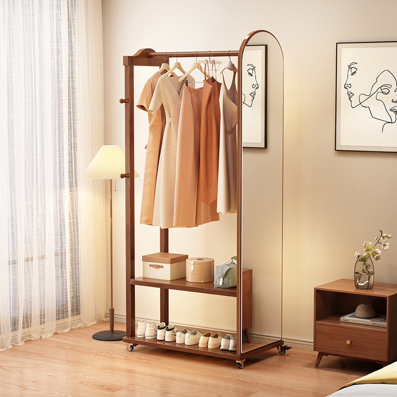 实木衣帽架落地挂衣架穿衣镜一体镜可移动收纳架子简易家用全身镜