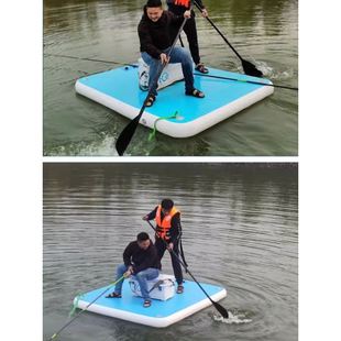 充气水上平台双体浮筒船拉丝气垫平板船钓鱼浮台撒网浮台加厚厂家