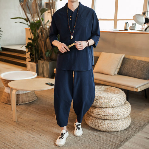 亚麻短袖t恤男青年春夏大码中国风汉服休闲男装棉麻套装居士禅服