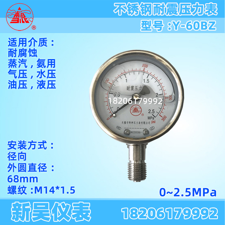 无锡特种雪浪Y-60BZ 不锈钢耐震真空氨用防腐高温压力表1.6MPA
