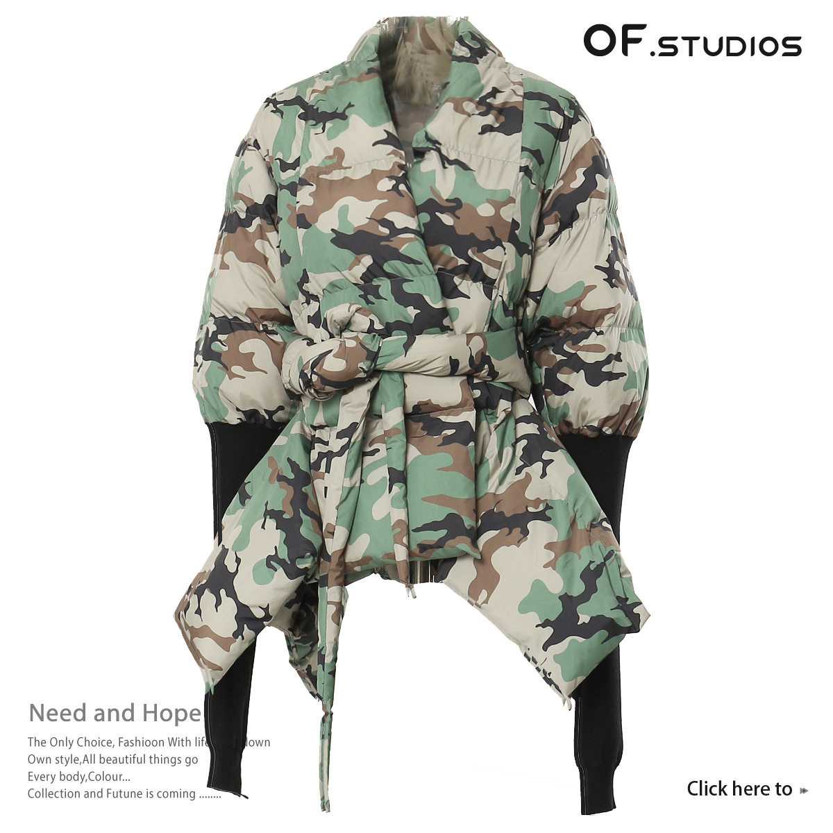 Camo waist padded jacket秋冬迷彩拼接针织收腰个性棉服棉衣外套