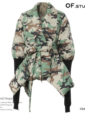 Camo waist padded jacket秋冬迷彩拼接针织收腰个性棉服棉衣外套