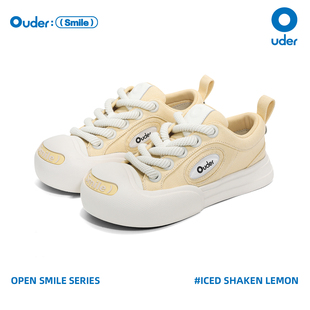 Ouder smiler开口笑帆布鞋女款厚底增高大头鞋夏圆头丑萌黄色板鞋