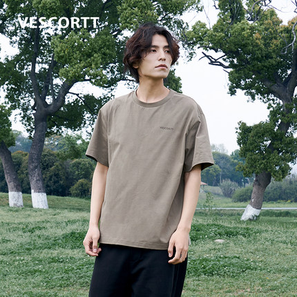 VESCORTT植物染色200g精梳有机棉 夏季纯棉微落肩男款纯色短袖T恤