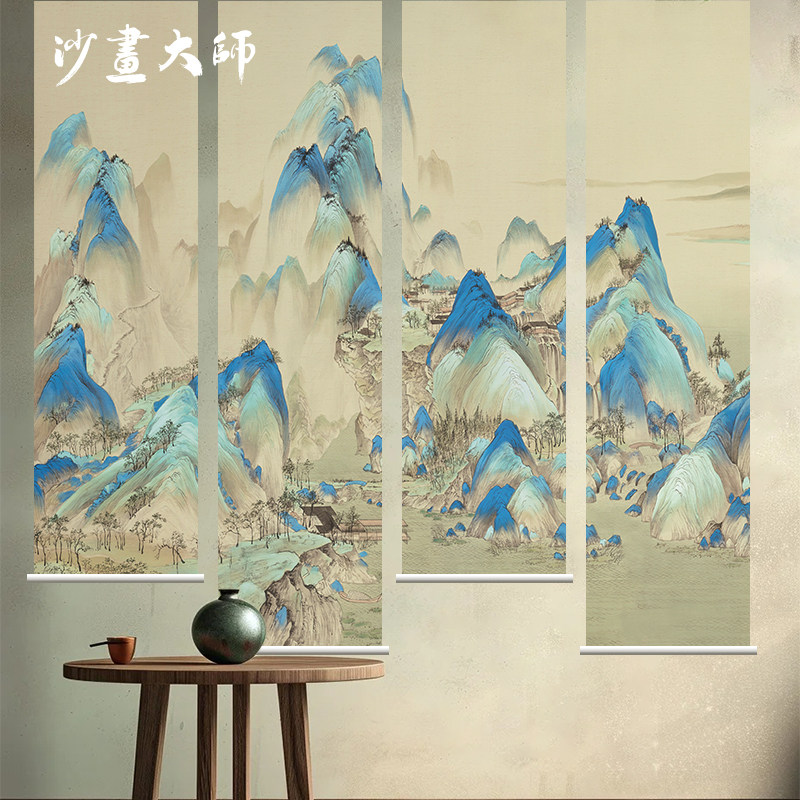 新中式半透纱卷帘山水画隔断屏风客厅玄关办公室遮挡装饰喷绘挂画