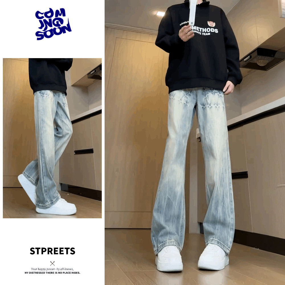 闪电爆裂纹牛仔裤男女春秋美式高街设计感小众高腰加长直筒微喇裤，男装牛仔裤，电商A306-2